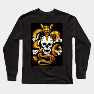 Dragon Embracing Skull and Cross Bones Print Long Sleeve T-Shirt